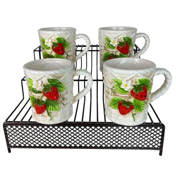 Vintage Sears Roebuck Strawberry Mugs Ceramic Basket Weave 4 Piece Cup Set 1981 - Picture 13 of 13